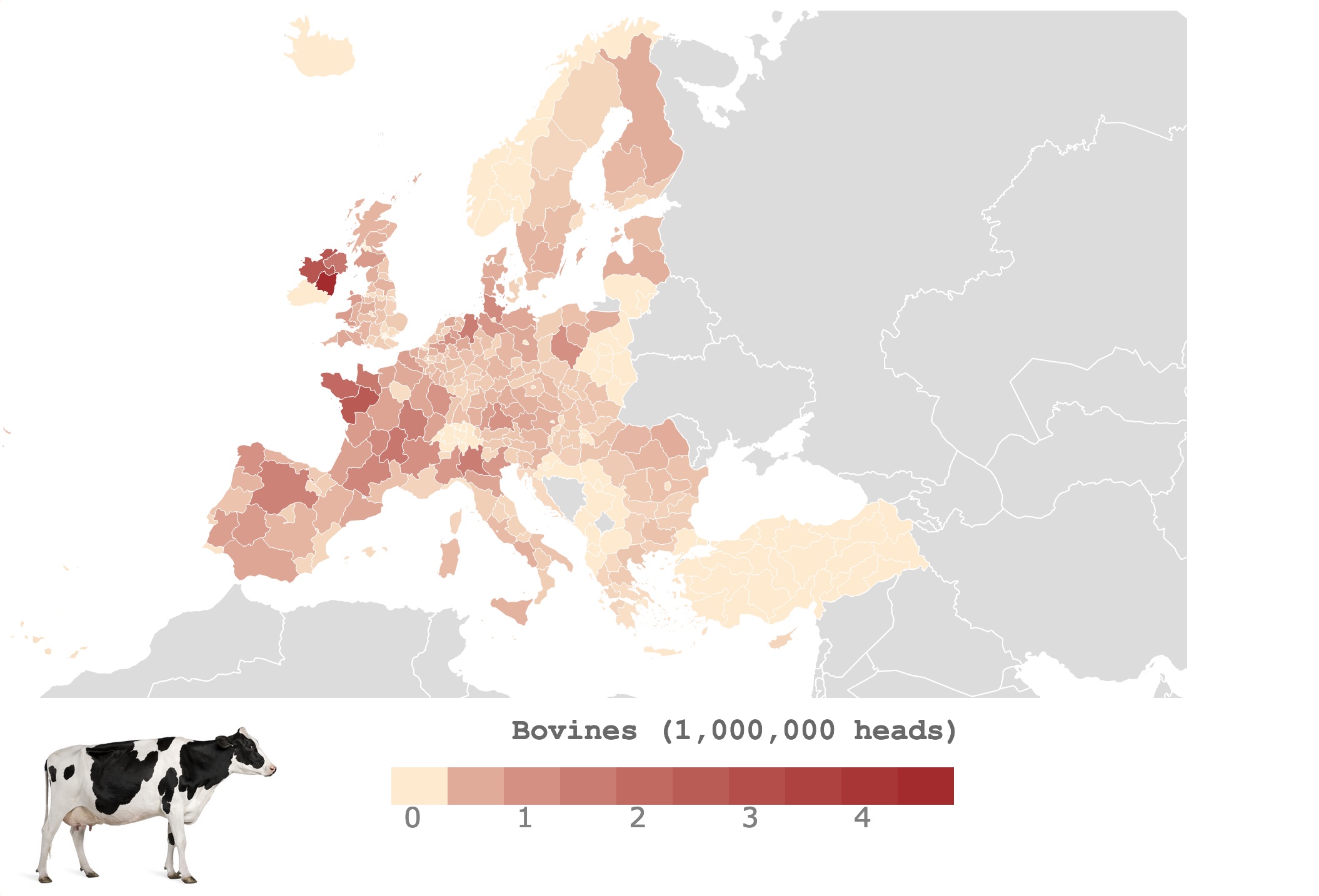 Map of cattle head deansity in Europen regions